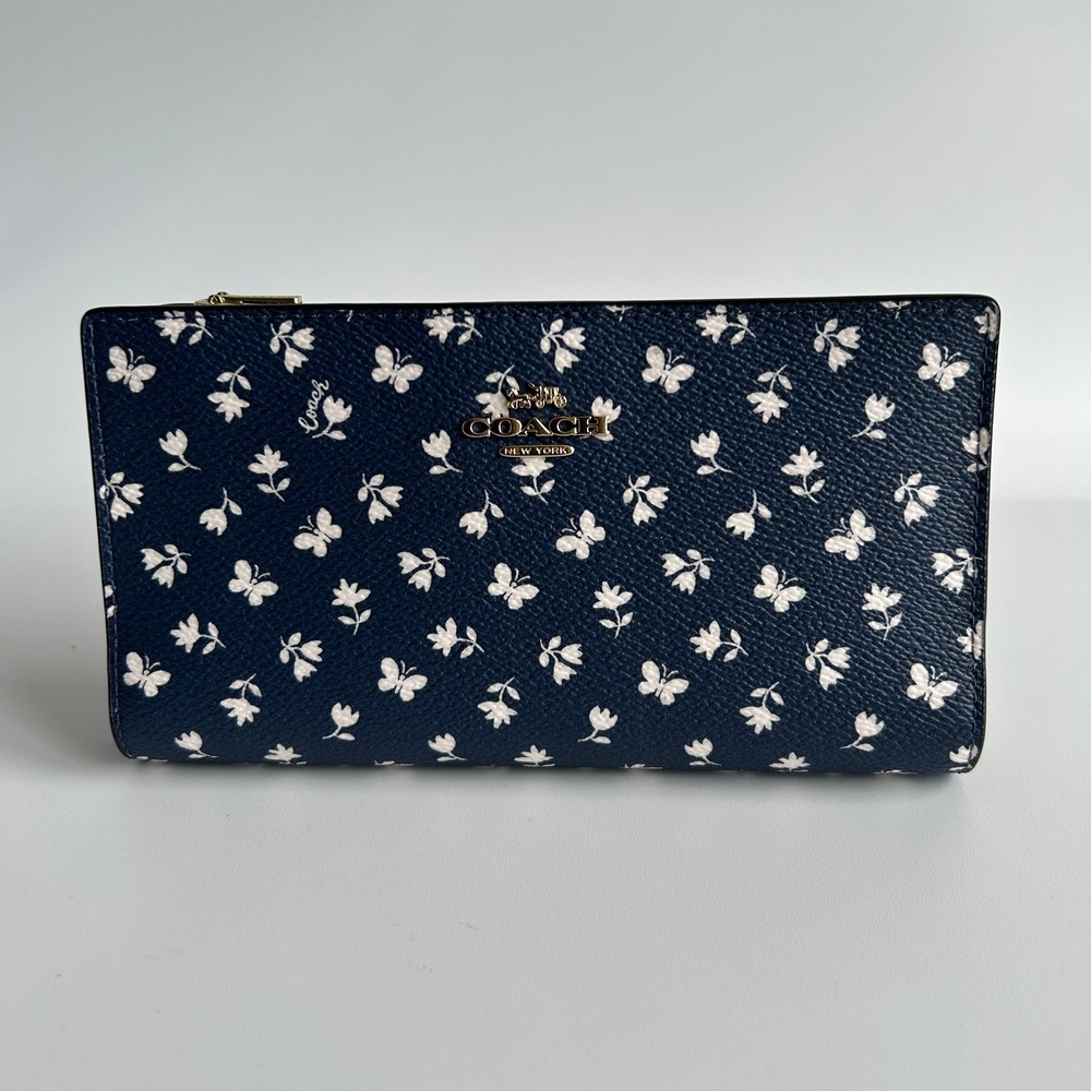Coach Slim‎ Zip Wallet Deep Blue Floral Butterfly Leather CB024 NWT